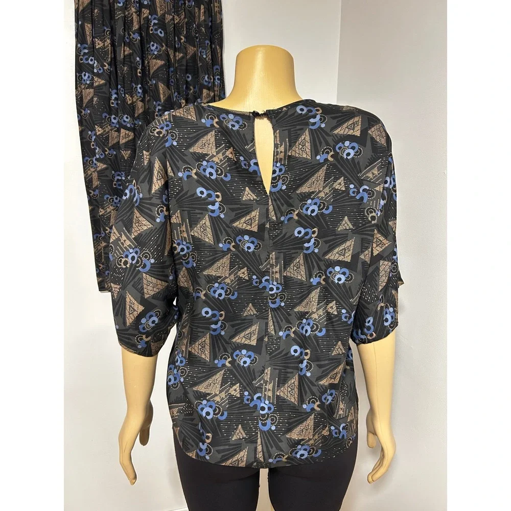 Vintage 80s ILGWU Geometric Print Skirt Set Blue Black Rayon Midi Made in USA